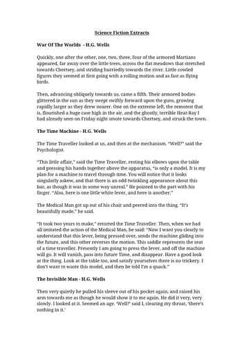 Science Fiction Extracts Worksheet