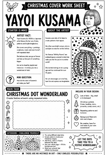 Yayoi Kusama Christmas Cover Work Worksheet | KS3 Art Cover Lesson