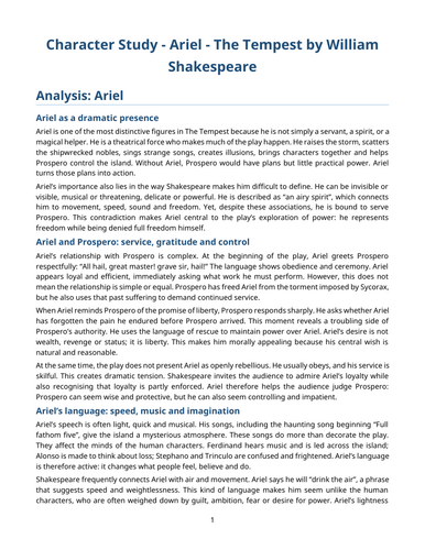 The Tempest – William Shakespeare – Character Study: Ariel