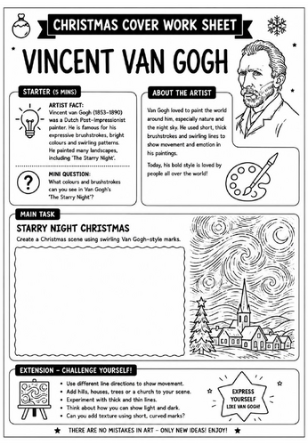 Vincent van Gogh Christmas Cover Work Worksheet | KS3 Art Cover Lesson