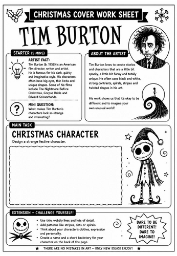 Tim Burton Christmas Cover Work Worksheet | KS3 Art Cover Lesson