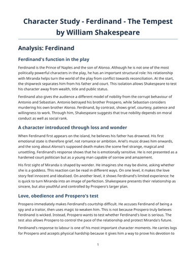 The Tempest – William Shakespeare – Character Study: Ferdinand