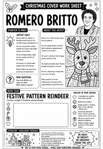 Romero Britto Christmas Cover Work Worksheet | KS3 Art Cover Lesson