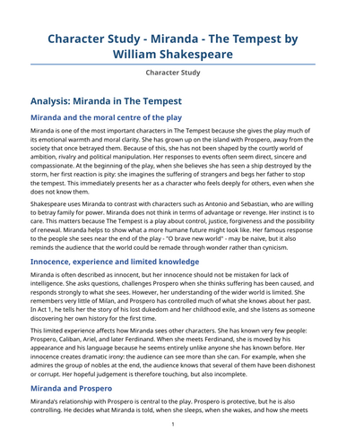 The Tempest – William Shakespeare – Character Study: Miranda