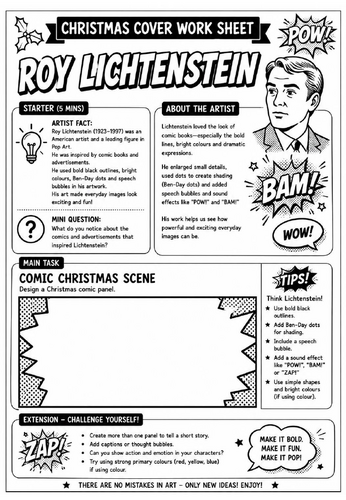 Roy Lichtenstein Christmas Cover Work Worksheet | KS3 Art Cover Lesson