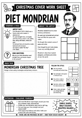 Piet Mondrian Christmas Cover Work Worksheet | KS3 Art Cover Lesson