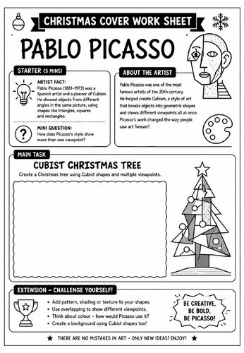 Pablo Picasso Christmas Cover Work Worksheet | KS3 Art Cover Lesson