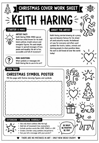 Keith Haring Christmas Cover Work Worksheet | KS3 Art Cover Lesson