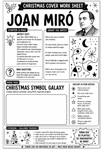 Joan Miró Christmas Cover Work Worksheet | KS3 Art Cover Lesson