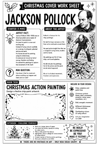 Jackson Pollock Christmas Cover Work Worksheet | KS3 Art Cover Lesson