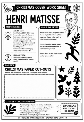 Henri Matisse Christmas Cover Work Worksheet | KS3 Art Cover Lesson