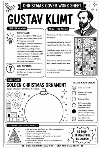 Gustav Klimt Christmas Cover Work Worksheet | KS3 Art Cover Lesson