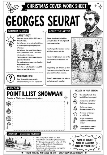 Georges Seurat Christmas Cover Work Worksheet | KS3 Art Cover Lesson