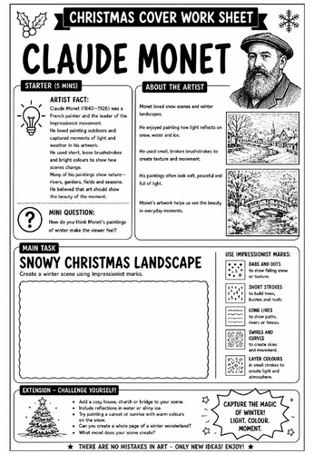 Claude Monet Christmas Cover Work Worksheet | KS3 Art Cover Lesson
