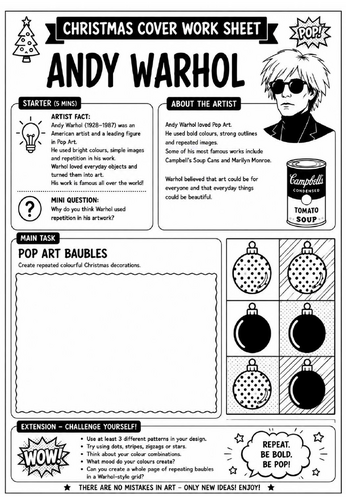 Andy Warhol Christmas Cover Work Worksheet | KS3 Art Cover Lesson