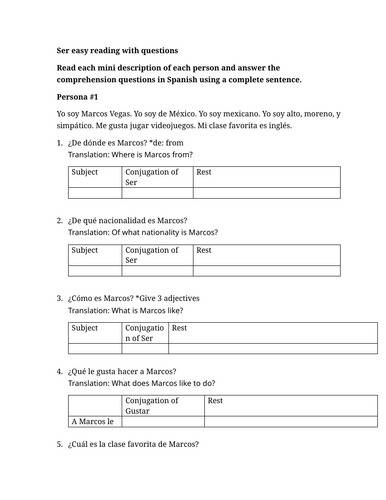 Ser easy reading with questions