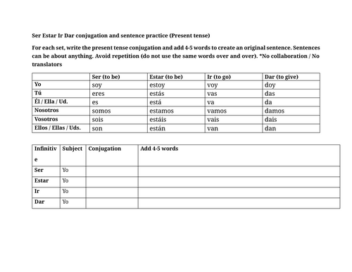 Ser Estar Ir Dar conjugation and sentence practice (Present tense)