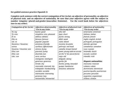 Ser guided sentence practice (Spanish 1)