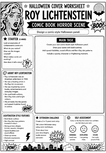 Halloween Cover Worksheet – Roy Lichtenstein Comic Book Horror Scene