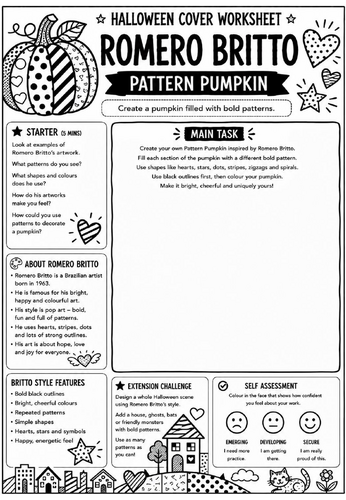 Halloween Cover Worksheet – Romero Britto Pattern Pumpkin