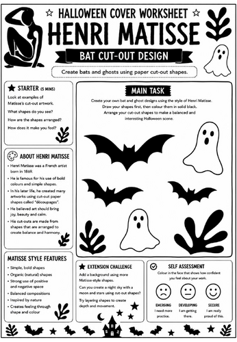 Halloween Cover Worksheet – Henri Matisse Bat Cut-Out Design