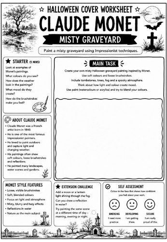 Halloween Cover Worksheet – Claude Monet Misty Graveyard