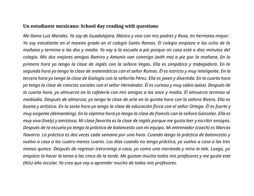 Un estudiante mexicano: School day reading with questions