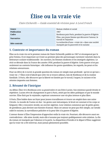 Élise ou la vraie vie - Claire Etcherelli – Essential Revision Guide