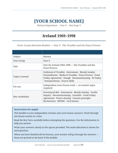 Year 9 History Cover Lesson Revision Booklet — Term 3: Ireland 1969–1998