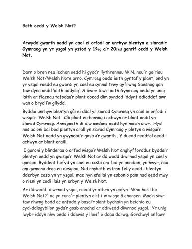 Beth oedd y Welsh Not? HANES CYMRU A'R IAITH GYMRAEG: adnodd dysgu blwyddyn 6