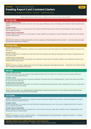 Free Reading Comment Starters | Grades K-2 | IB Report Cards
