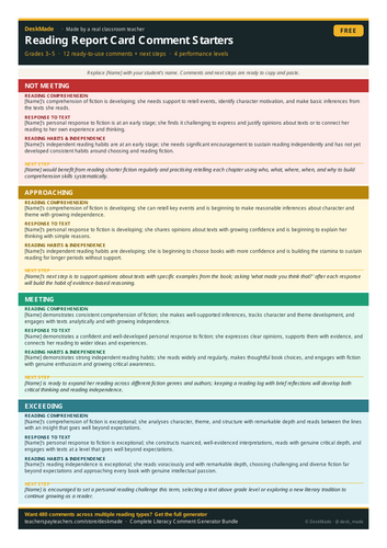 Free Reading Comment Starters | Grades 3-5 | IB Report Cards