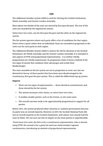 AQA Politics - UK Electoral systems