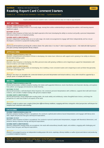 Free Reading Comment Starters | Grades 6-8 | IB Report Cards