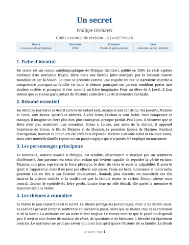 Un secret - Philippe Grimbert – Essential Revision Guide