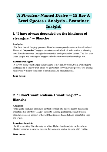 Streetcar Named Desire A Level Key Quotations with Examiner Insight