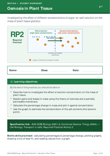 AQA Required practical 2: Osmosis - complete student and teacher pack (WS, answers and assessment