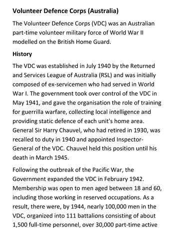 Volunteer Defence Corps (Australia) Handout