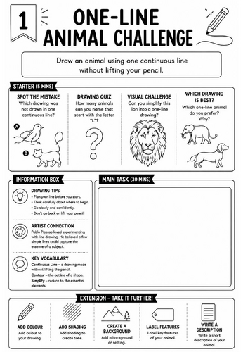Drawing Challenge: One-Line Animal Challenge | KS3 Art Cover Lesson Worksheet