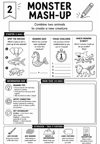 Drawing Challenge: Monster Mash-Up | KS3 Art Cover Lesson Worksheet
