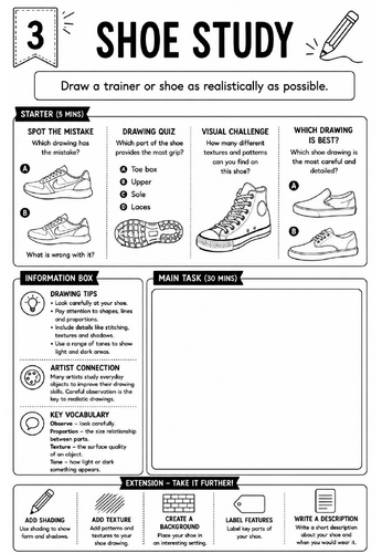 Drawing Challenge: Shoe Study | KS3 Art Cover Lesson Worksheet