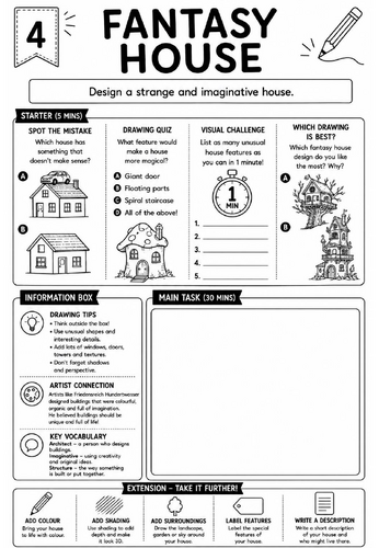 Drawing Challenge: Fantasy House | KS3 Art Cover Lesson Worksheet