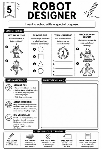Drawing Challenge: Robot Designer | KS3 Art Cover Lesson Worksheet