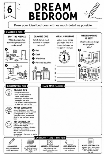 Drawing Challenge: Dream Bedroom | KS3 Art Cover Lesson Worksheet