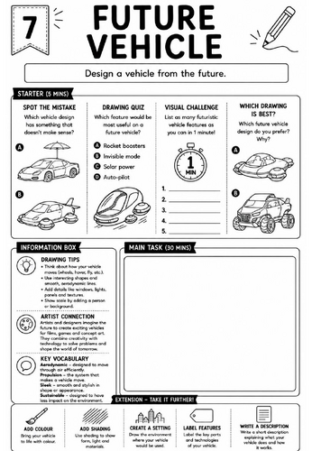 Drawing Challenge: Future Vehicle | KS3 Art Cover Lesson Worksheet