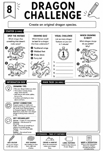 Drawing Challenge: Dragon Challenge | KS3 Art Cover Lesson Worksheet
