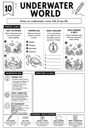 Drawing Challenge: Underwater World | KS3 Art Cover Lesson Worksheet