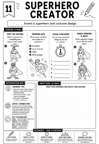 Drawing Challenge: Superhero Creator | KS3 Art Cover Lesson Worksheet