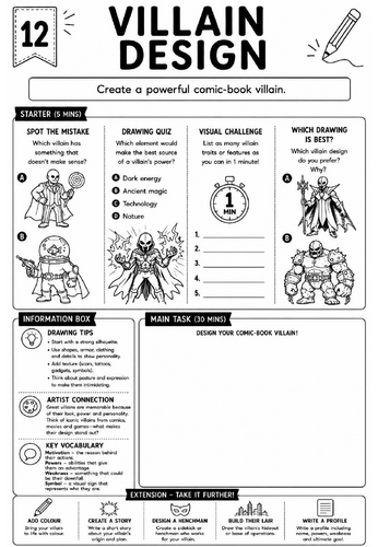 Drawing Challenge: Villain Design | KS3 Art Cover Lesson Worksheet