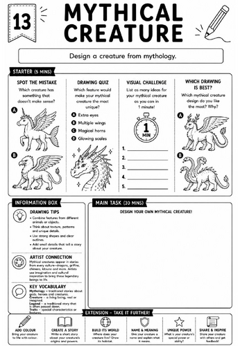 Drawing Challenge: Mythical Creature | KS3 Art Cover Lesson Worksheet